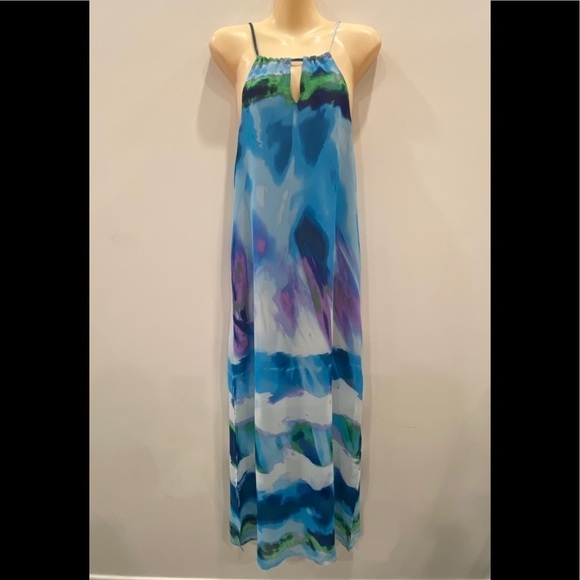 AQUA Halter Blue Watercolor Flowy Maxi Dress size XS - Picture 1 of 12
